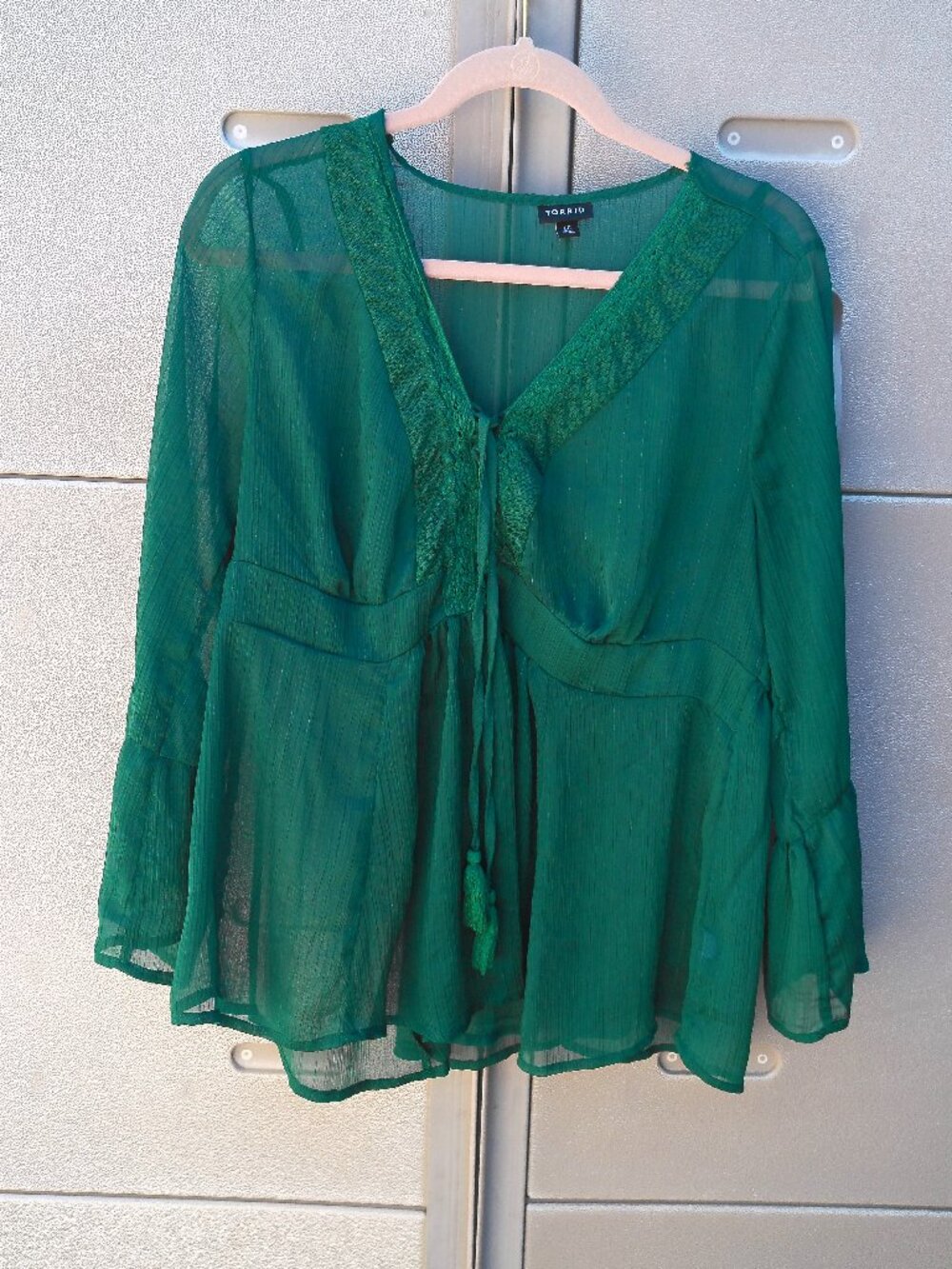 Torrid Babydoll Chiffon Lurex Crochet Lace-up Blouse Size 00 Emerald Green